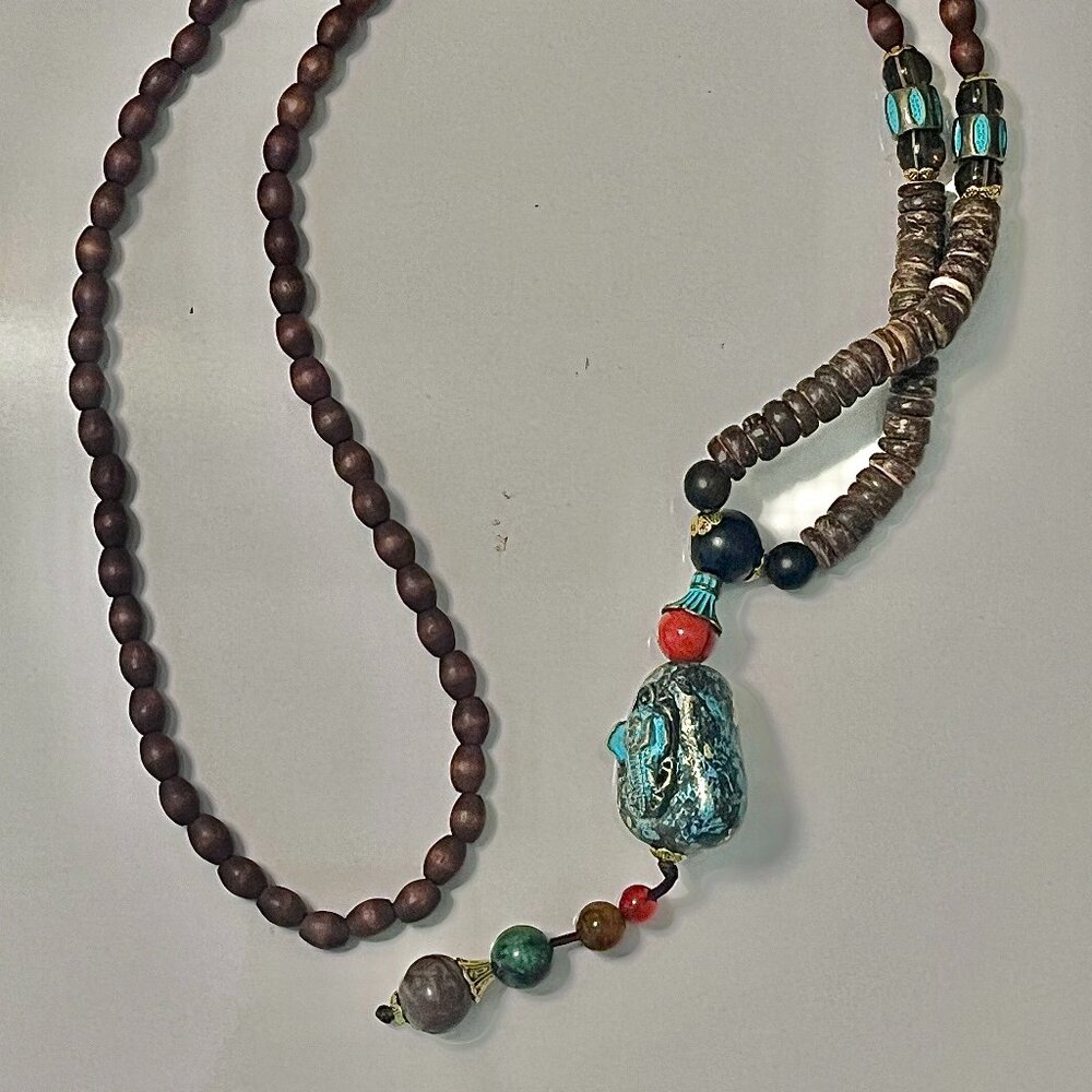 Tibetan Boho Wooden Necklace with Turquoise and Wood Beads
